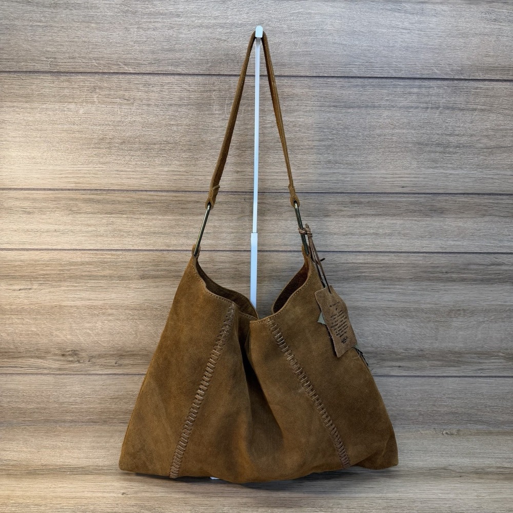 Vilenca Holland Suede Slouchy Hobo Shoulder Bag Earthy Brown Whipstitch Boho